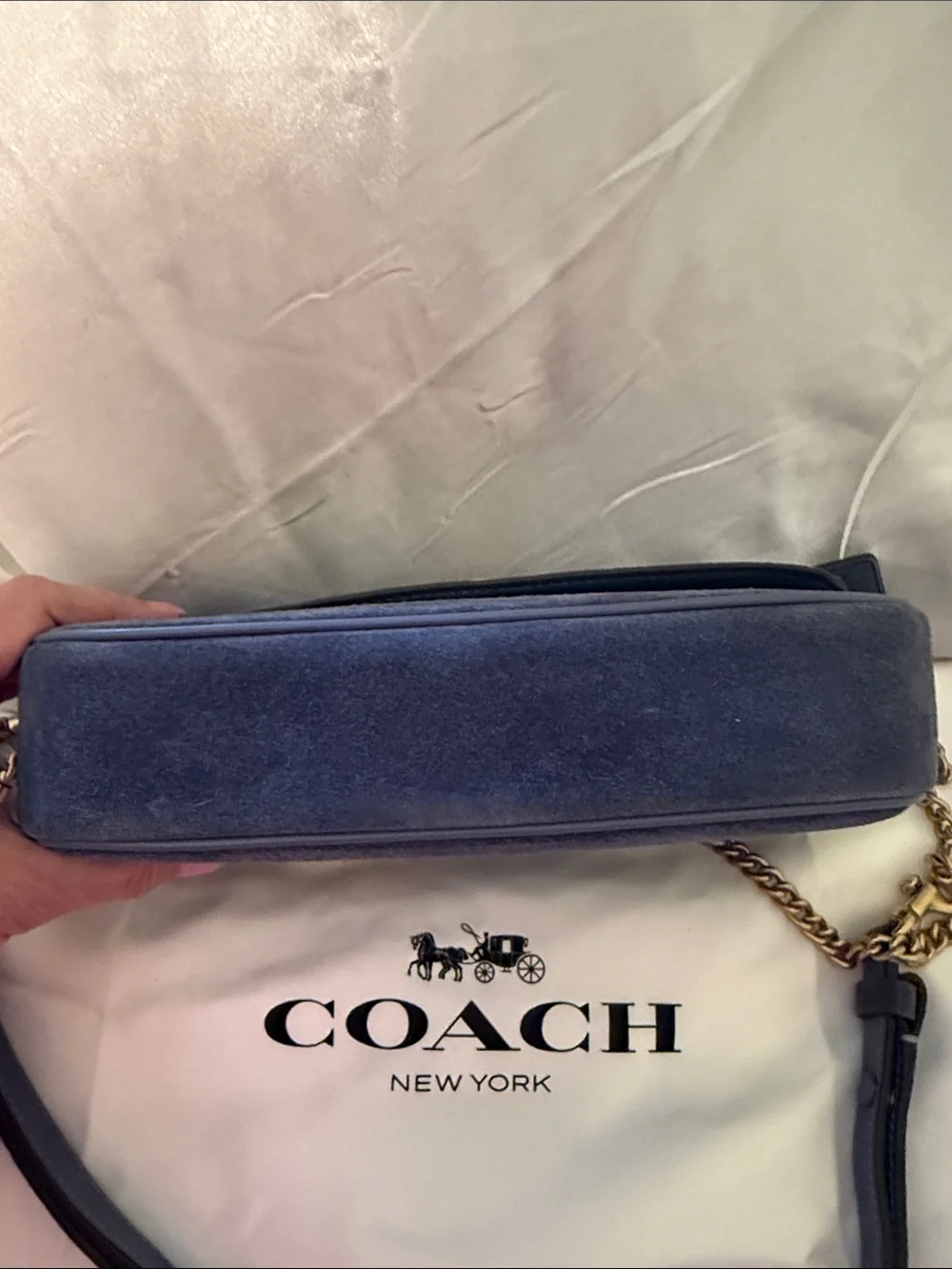💙Coach NWT Blue Suede Brooke Flap Chain Shoulder Bag with Brass Chain / Hardware